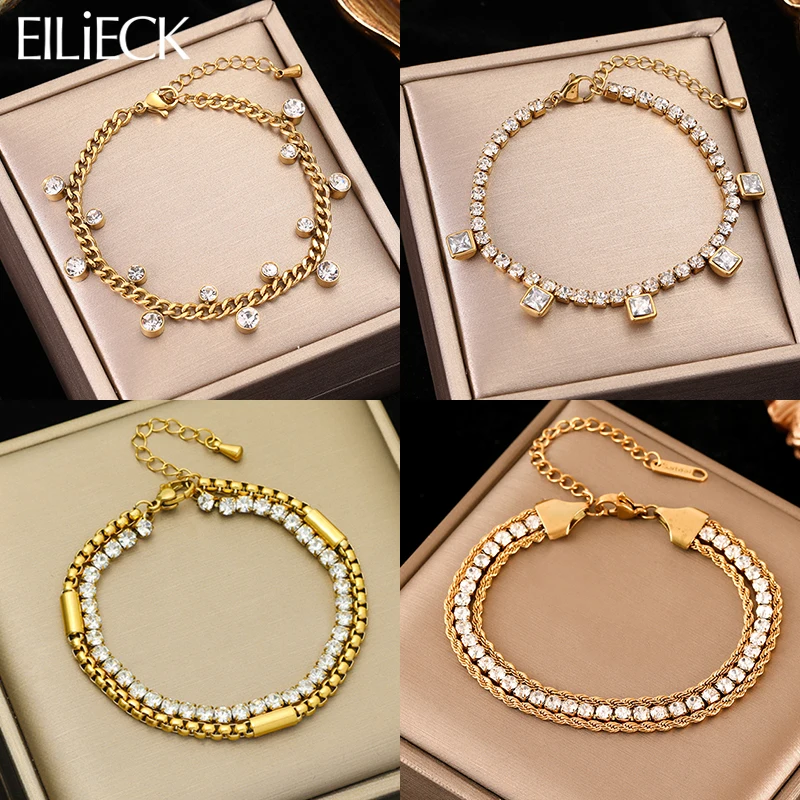 EILIECK 316L Stainless Steel Cubic Zircon Charm Bracelet For Women Trendy Gold Color Wrist Chain Waterproof Jewelry Holiday Gift