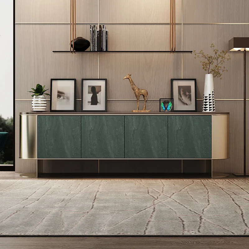 American light luxury TV cabinet stainless steel storage audio-visual cabinet villa living room high-end art solid wood floor