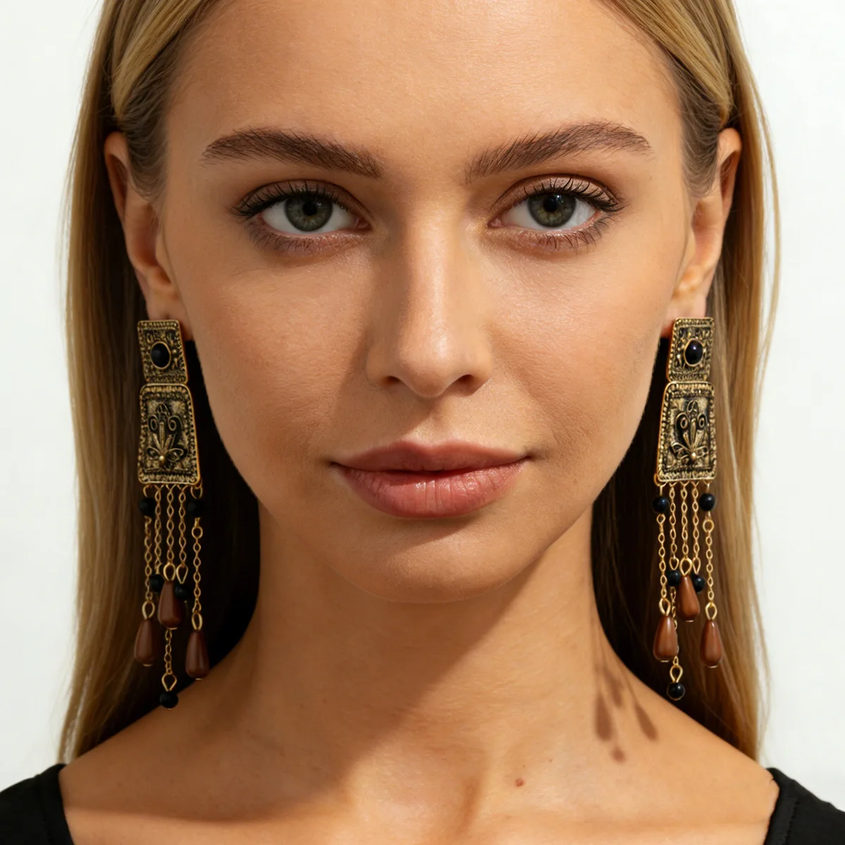 Earrings Vintage Ethnic Carved Floral Disc Long Beaded Tassel Palace Style for Women Office Commute Durable Alloy Gold