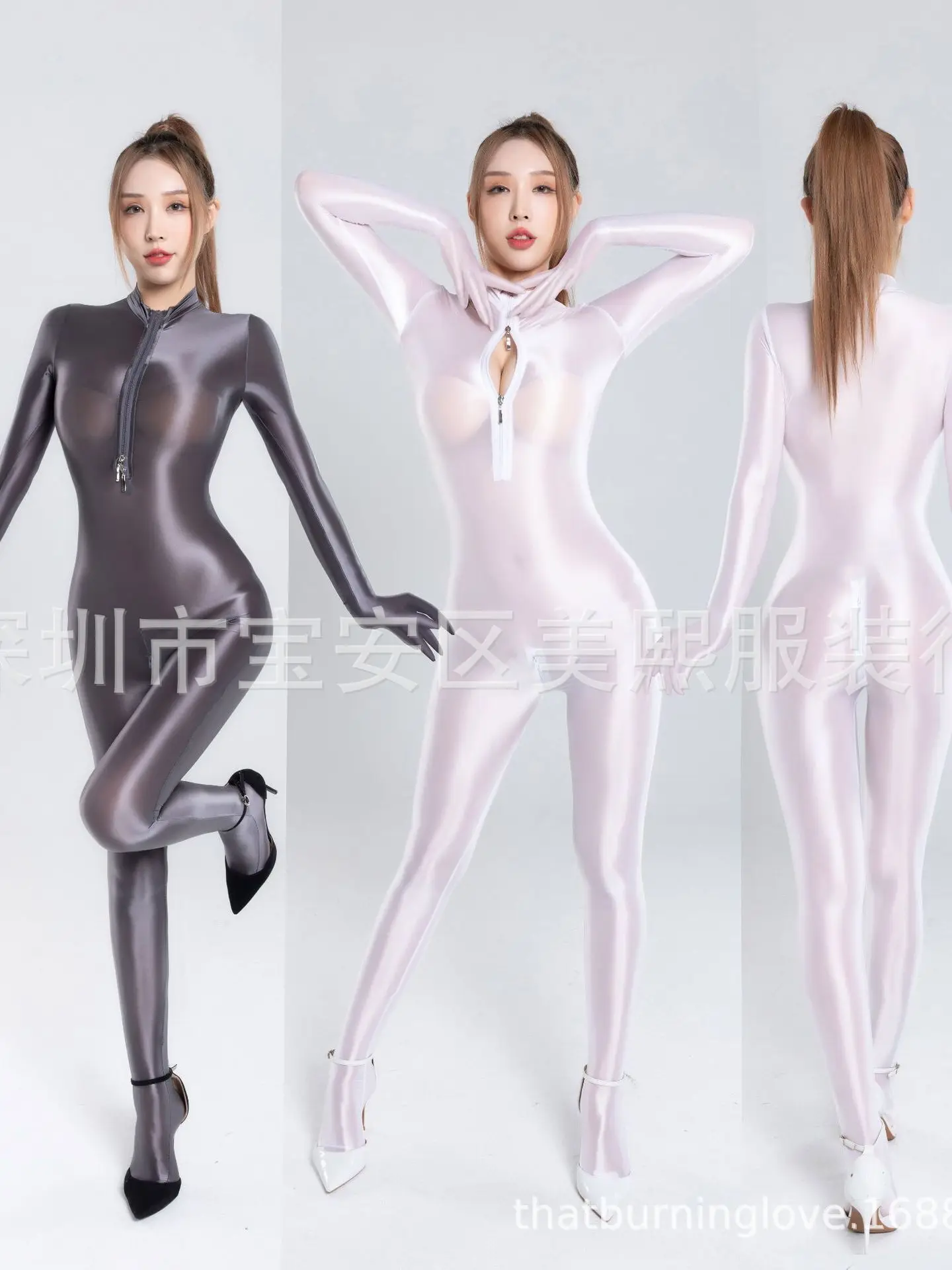 Smooth Oil Shiny And Silky Double Zipper Bodysuit Women Long Sleeve Jumpsuit Pure Colour Perspective Elastic JUMPSUITS New PM5K