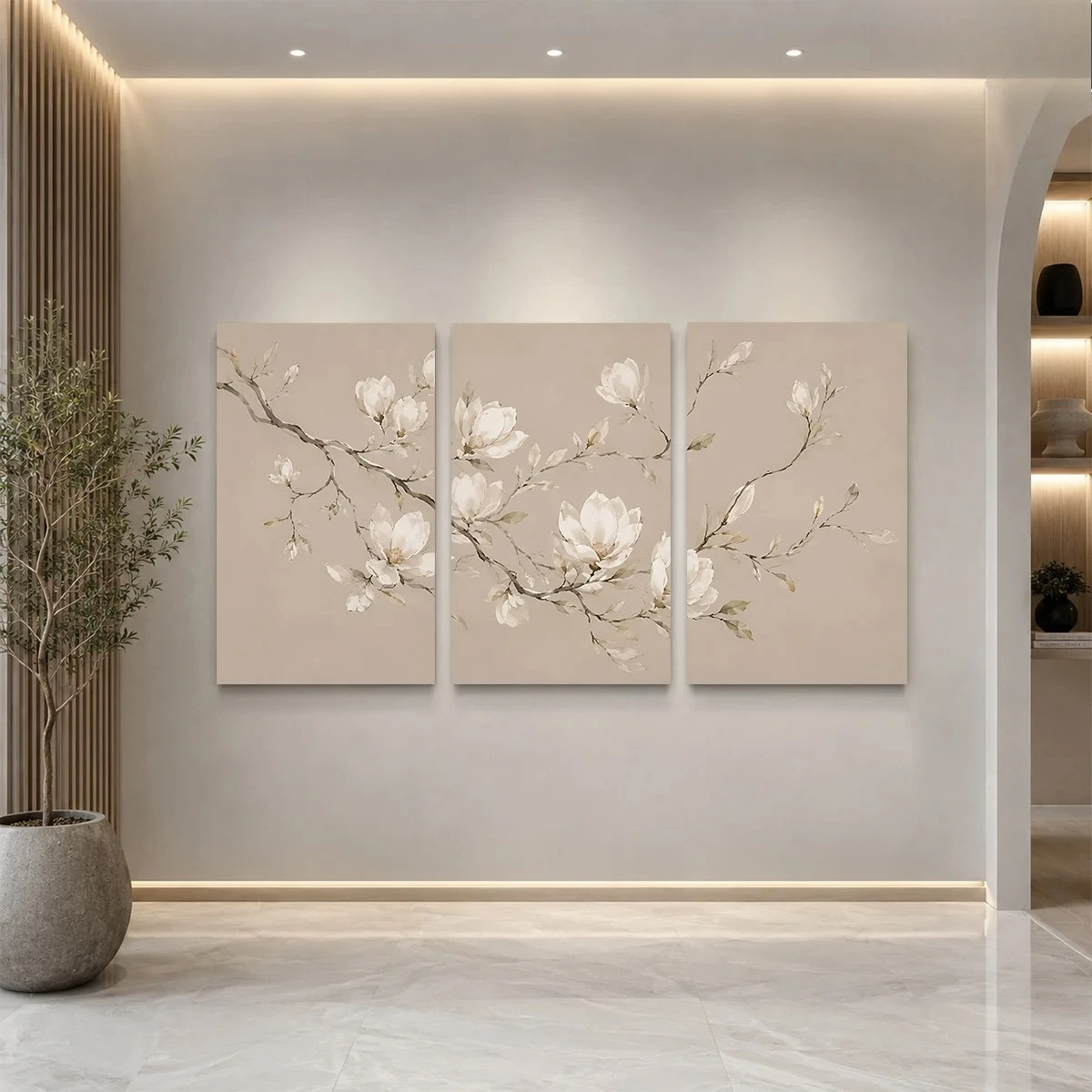 3pcs frameless Canvas Painting 2D Flat 3PCS - Three panels with beige background and white magnolia branches. Themed Canvas Wall