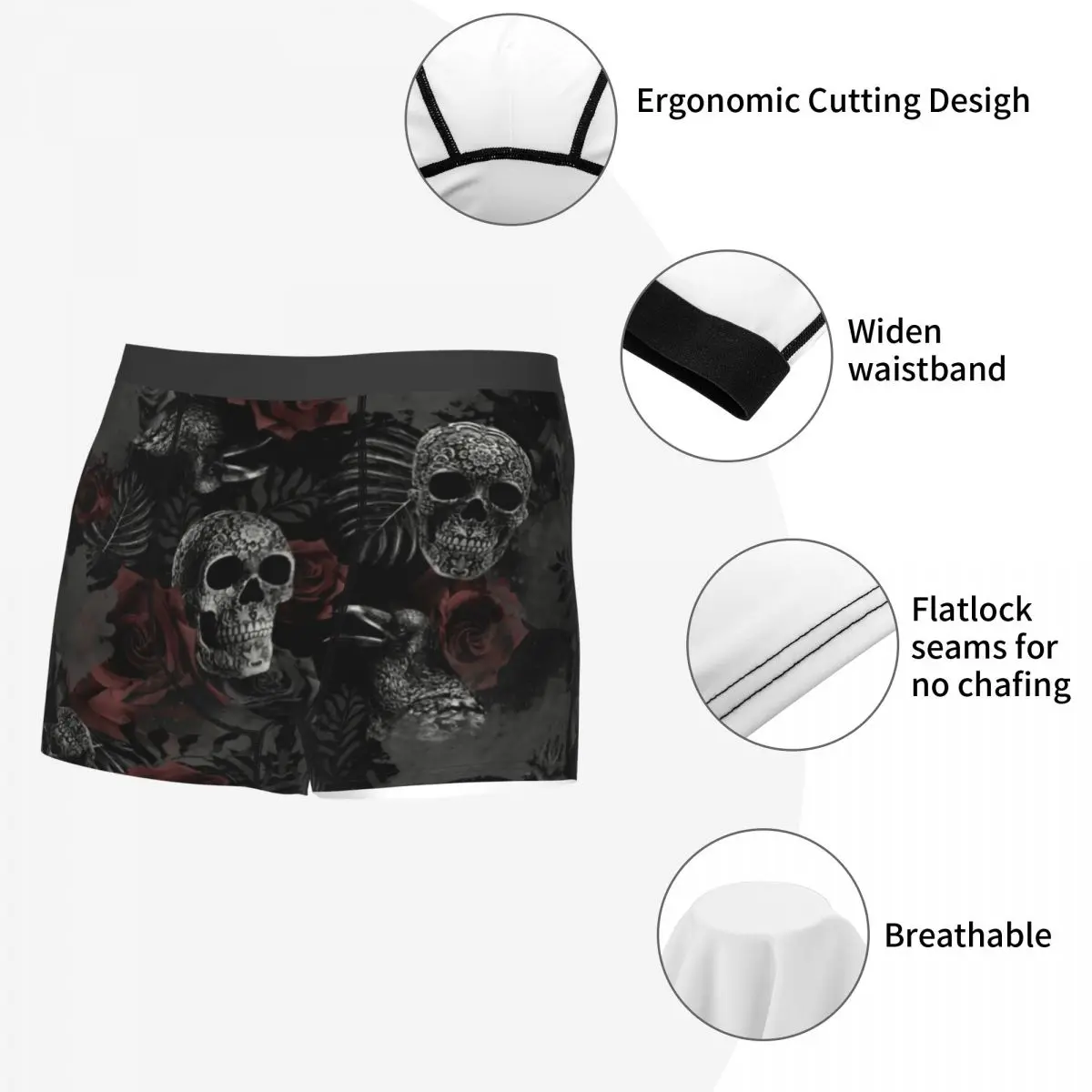 Skull Flowers Underwear Male Sexy Printed Customized Halloween Rose Floral Boxer Briefs Shorts Panties Breathbale Underpants