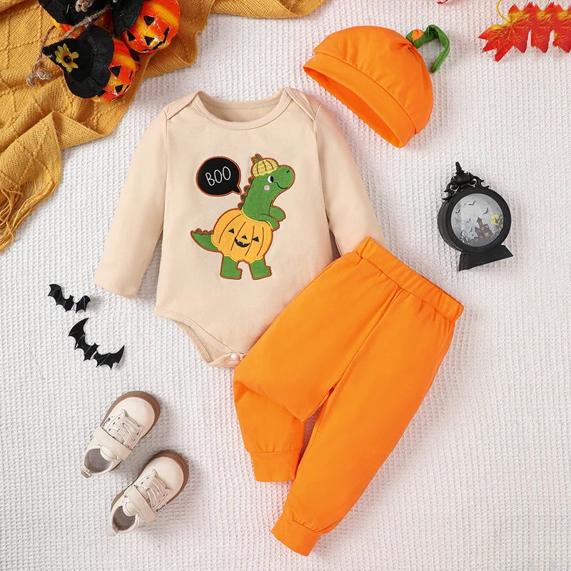 3-Piece Baby Boy Halloween Set Dinosaur Embroidered Long Sleeve Romper Long Pants Hat Outfits