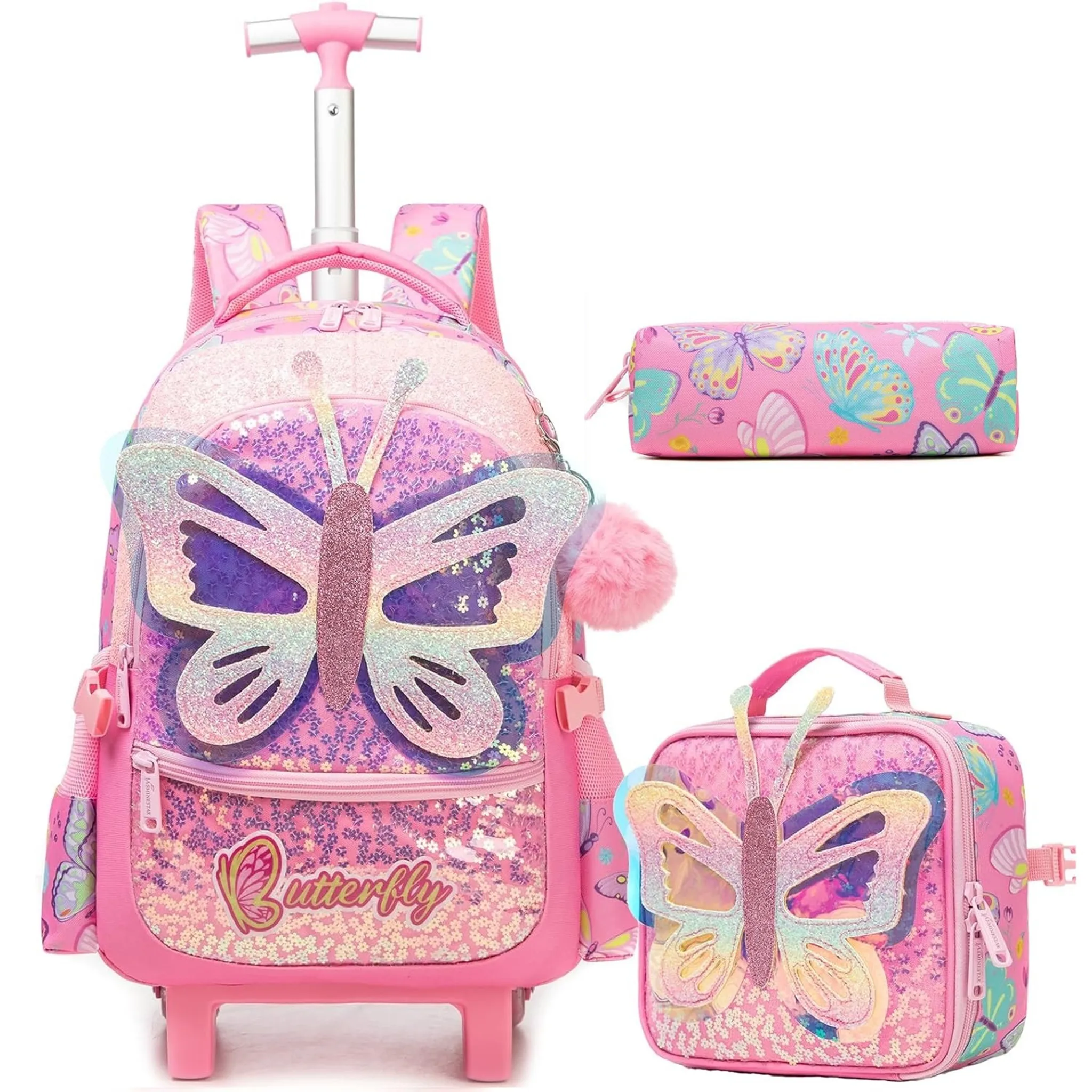 Childrens Rolling Backpack for Girls Kids Backpack on Wheels Travel Bag with Wheels School Trolley Bags with Insulated Lunch Box