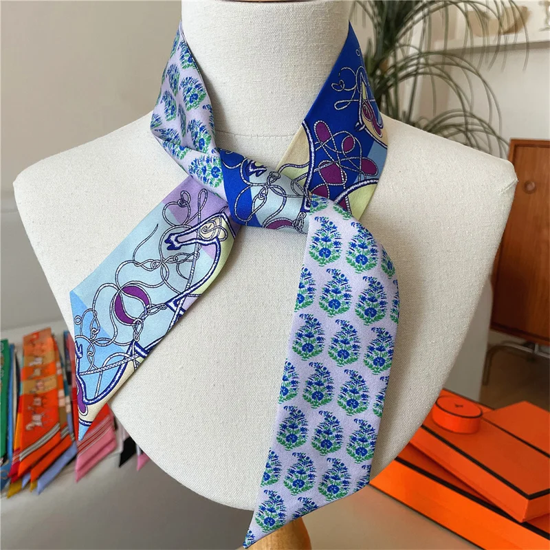 100% Silk High Quality Luxury Brand Scarf Women Headband Hair Band Foulard Tie Ribbon Neckerchief Skinny Scarves Accessories