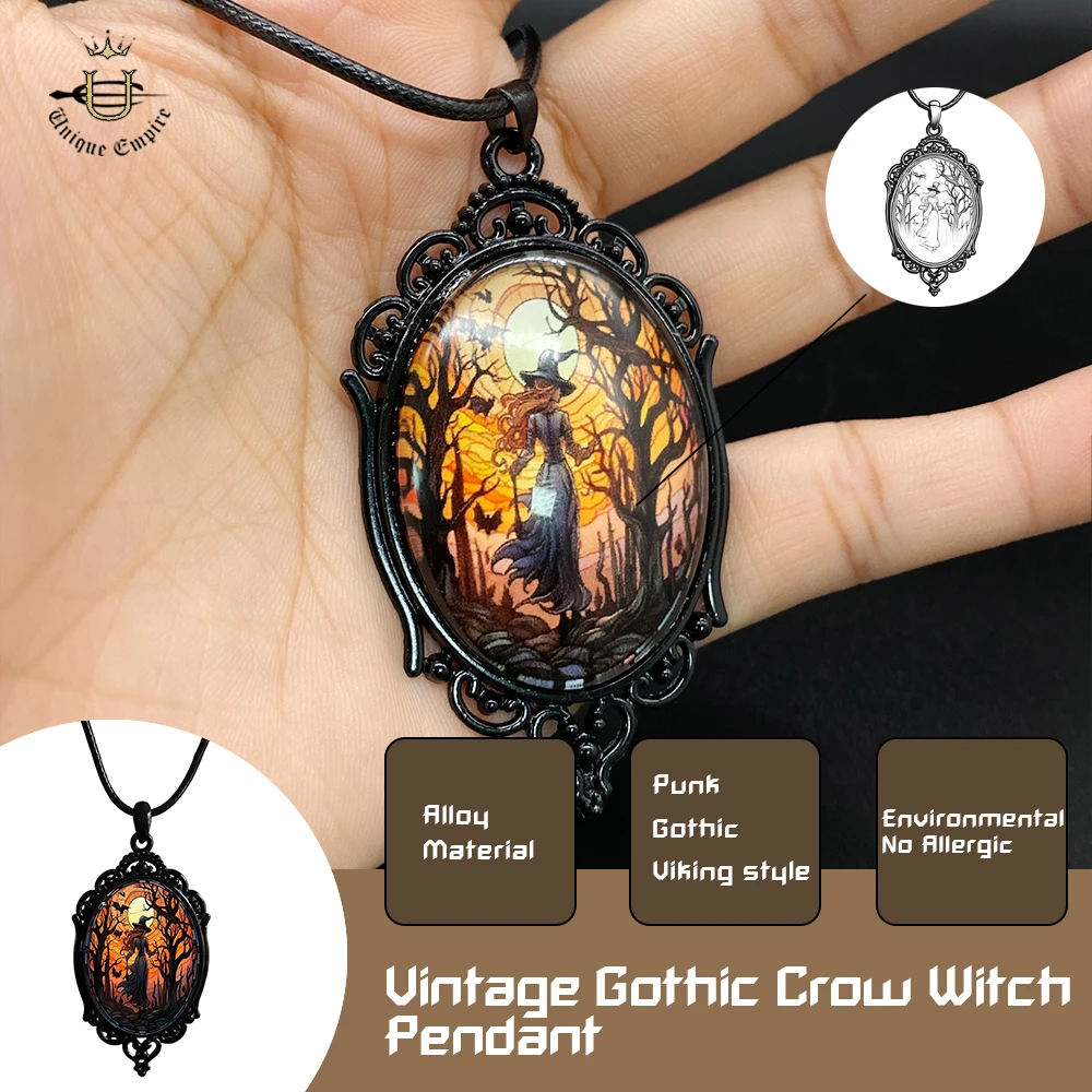 Vintage Gothic Crow Witch Pendant Necklace Dark Punk Art Decoration Jewelry for Men And Women Halloween Theme