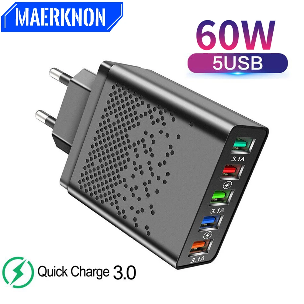 

60W USB Charger Quick Charge 3.0 5 Ports Fast Phones Charger Adapter For iPhone 13 Samsung Xiaomi Huawei EU/US Plug Wall Charger