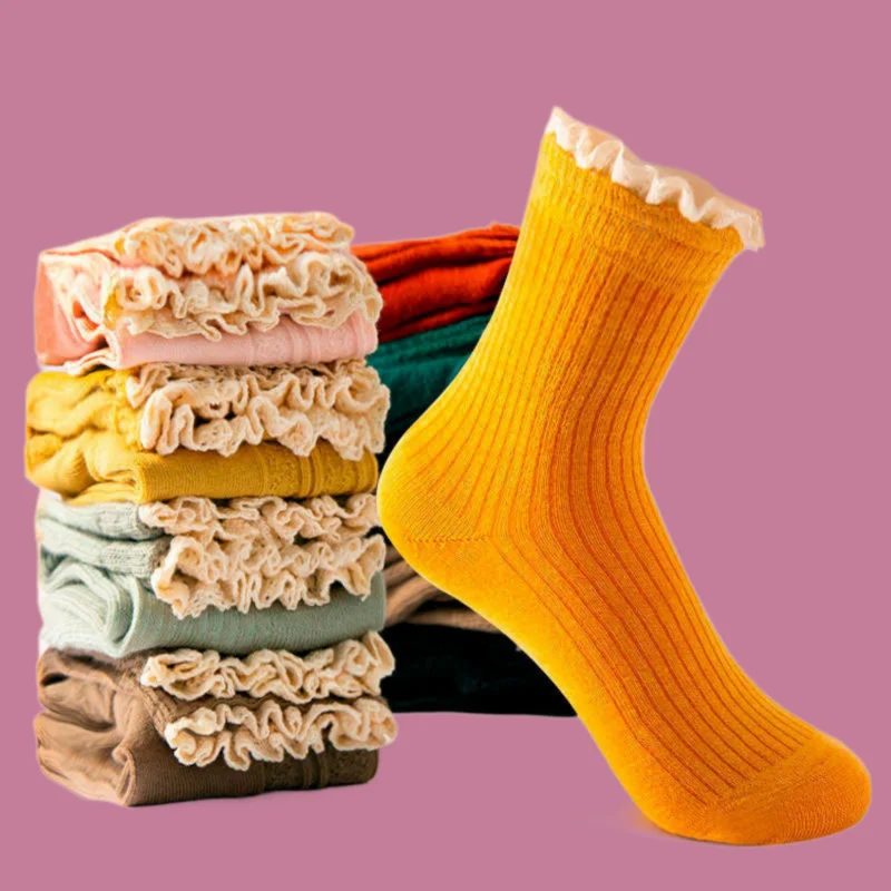 3/6 Pairs New Women's Mid-Tube Lace Breathable Socks All-match Student Trend College Style Stacked Socks Personalized Socks