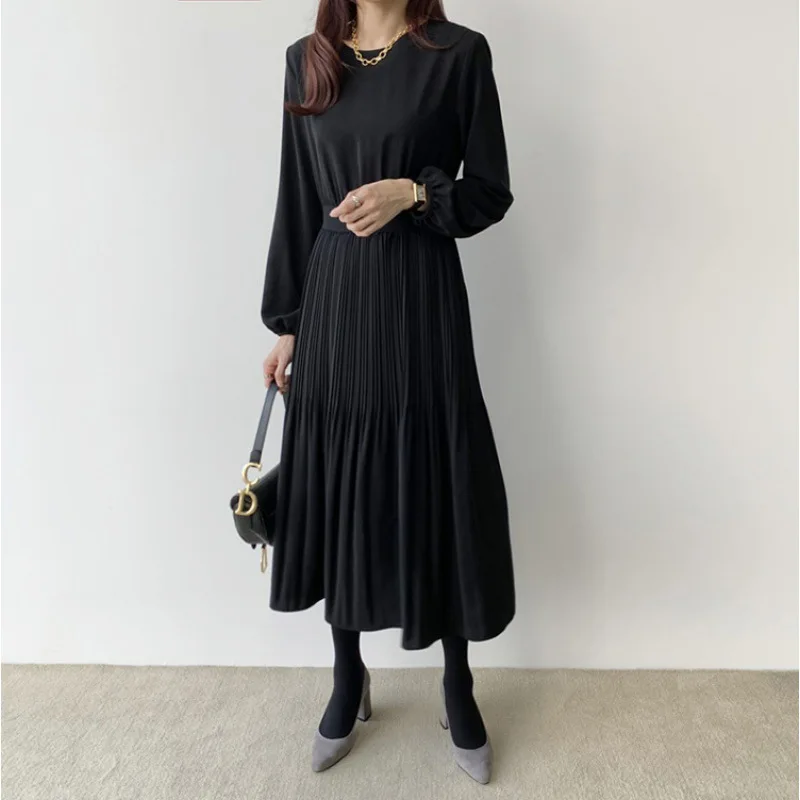 

Autumn and winter Japanese new Korean version of fashion temperament versatile waist thin pleated long women's dress