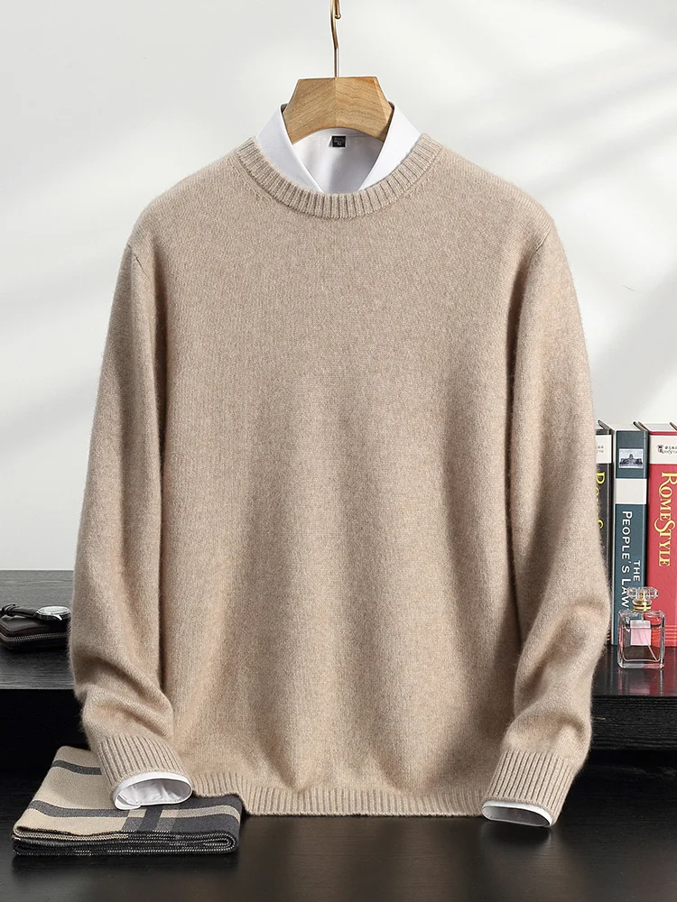 100% Pure Cashmere Sweater Men's Crewneck Knitted Pullover Middle-Aged Business Casual Thicken Tops Autumn Winter High-End Shirt