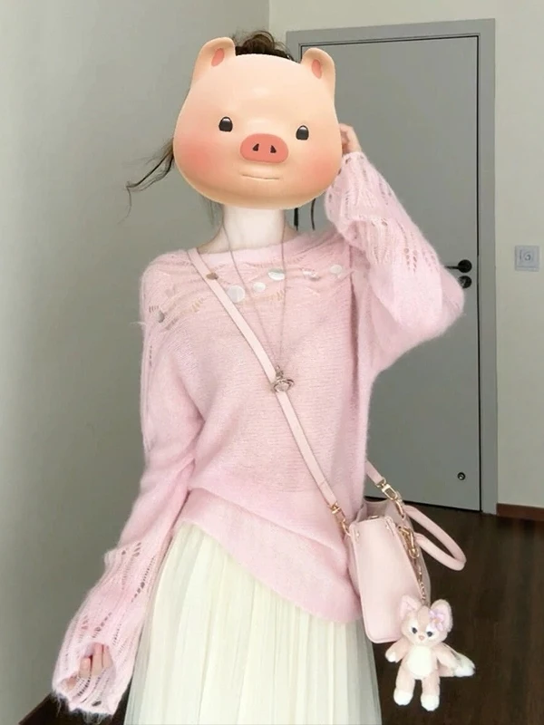 

Розовый вязаный комплект из топа и юбки с пайетками и вырезами, женская модная одежда для осени и зимы, теплый хлопковый комплект с высокой талией и круглым вырезом