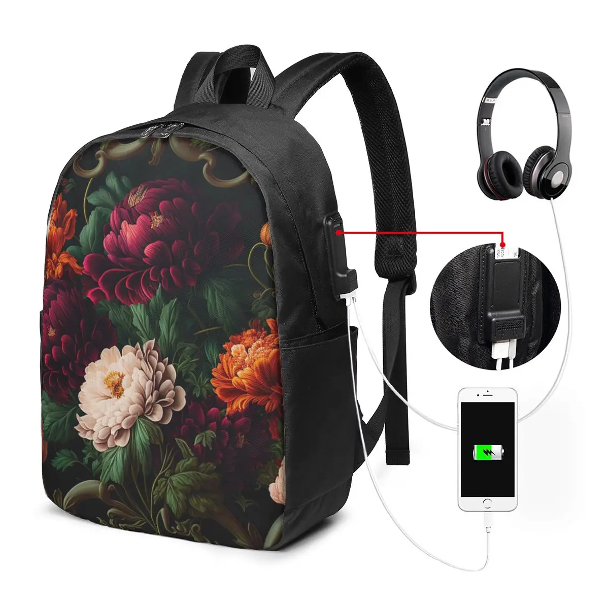 Rococo Style Colorful Peony Flower Backpack Travel Notebook Bag Computer College Student School Bag Laptop Shoulder Bags