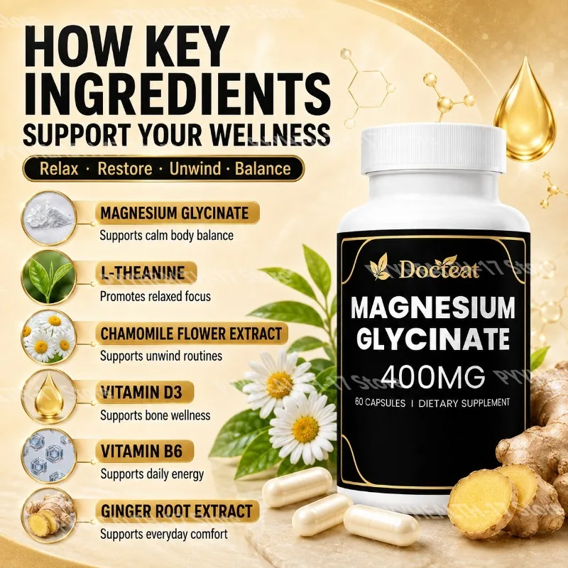 Docteat Magnesium Glycinate 400mg Capsules for Sleep, Relaxation, Muscle Comfort & Bone Support, Vegan, Gluten Free, 60 Count