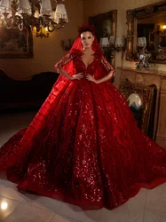 Customized 2026 Classic V-neck Quarter Sleeve Wedding Dress Sparkly Sequins Bridal Gown  Luxury Red Bride Robe Vestidos De Novia