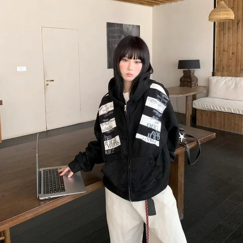 

American Vintage Long Sleeve Hooded Jacket Women Casual Punk Patchwork Letter Print Coat Streetwear Zipper Slim 2025 Autumn