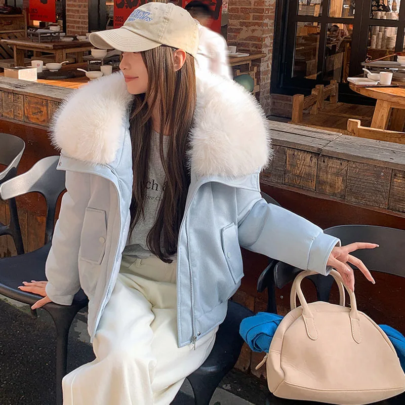 Fashion Fox Fur Collar Quilted Jacket Women Korean Zipper Waterproof Short Faux Leather Coat Autumn Winter Thicken Warm Parkas
