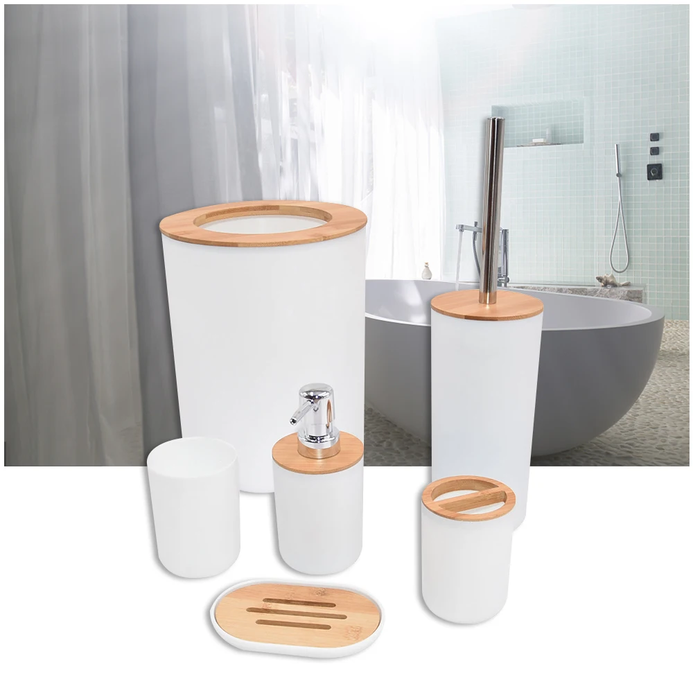 Toilet Brush Soap Dispenser Box Bamboo Plastic 6Pcs/Set Lotion bottle Toothbrush Cup Holder Bathroom Storage Set Trash Can