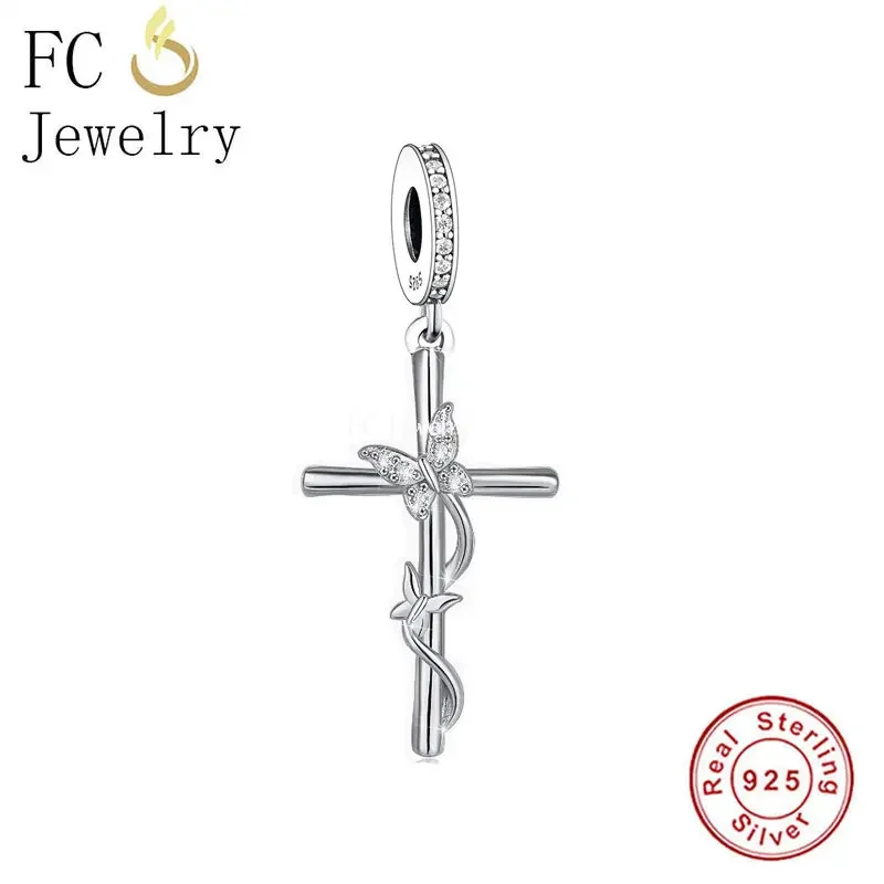 

FC Jewelry Fit Original Pan Charms Bracelet 925 Silver Cross Double Butterfly Bead For Making Women Crucifix Berloque 2024 DIY