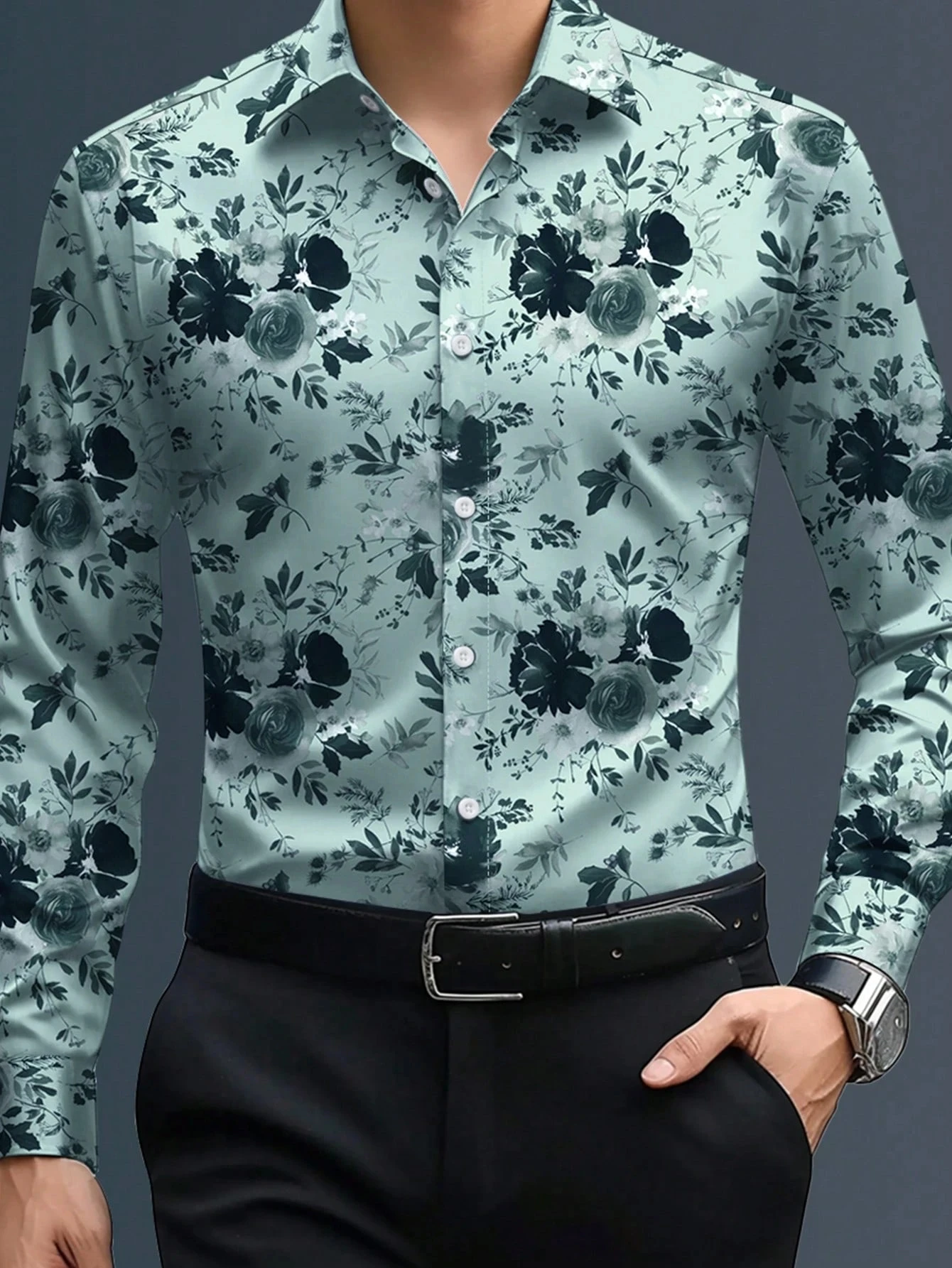 Men's Vacation Style All-Over Floral Printed Long Sleeve Shirt Men's Casual Business Dress Shirt Breathable Men Clothing