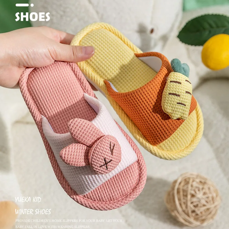 Rabbit slippers children\'s linen slippers household women summer household silent cartoon cotton linen slippers men lovers