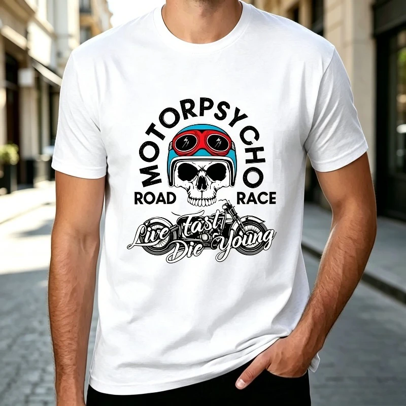 Motopsyco Biker Skull T Shirt Men Women Road Race Graphic Tee Live Fast Die Young Quote Casual Crewneck Short Sleeve Top Cotton