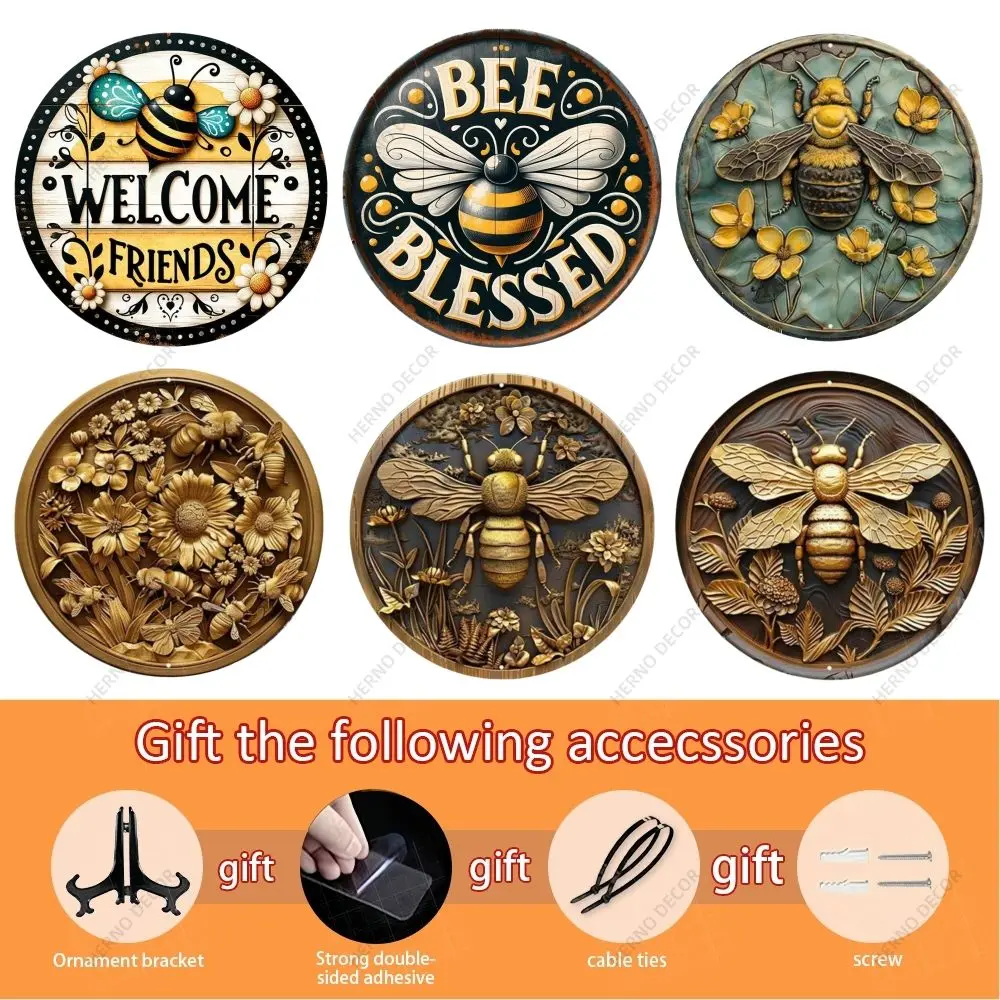 Welcome Theme Bee Theme Round Metal Aluminum Sign Art Desktop, Decorative Plates For Bar Cafe Club Yard Home Office Wall Decor.