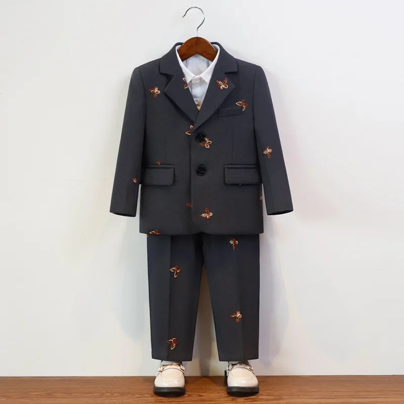 Girls Boys Embroidery Suit Blazer Skirt or Pants Sibling Matching Outfit Kids Wedding Ring Bearer Birthday Formal Costume 2-12Y