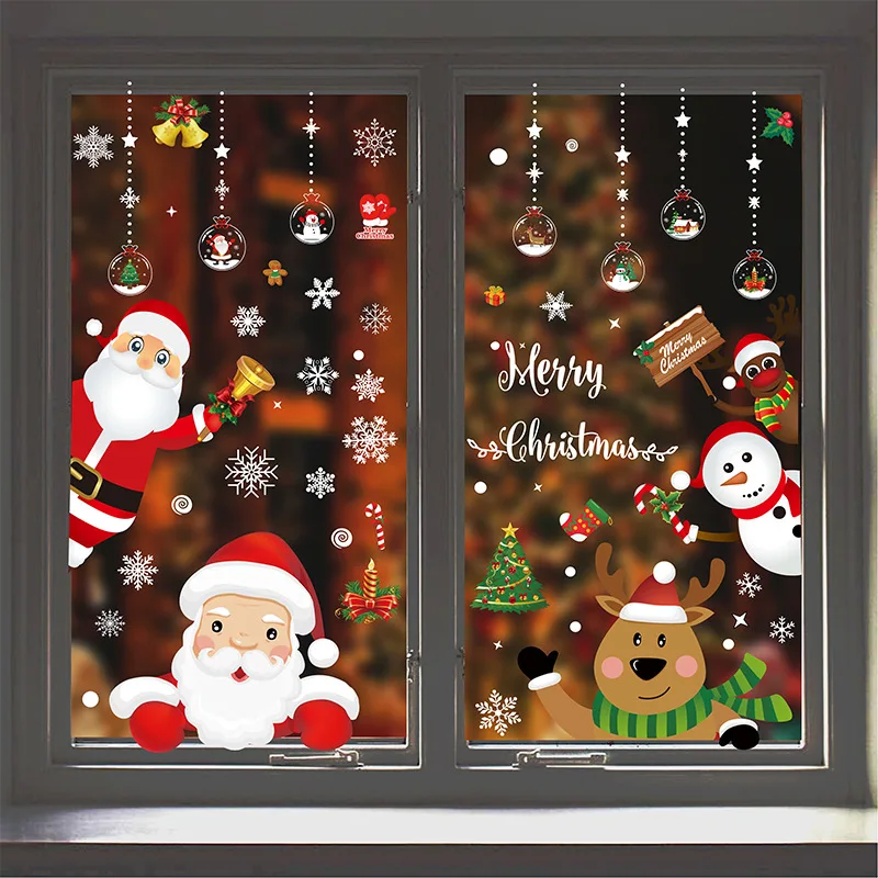 Christmas PVC Static Sticker Double-sided Santa Elk Window Stickers Beautify Snowflake Wall Decals New Year Party Supplies