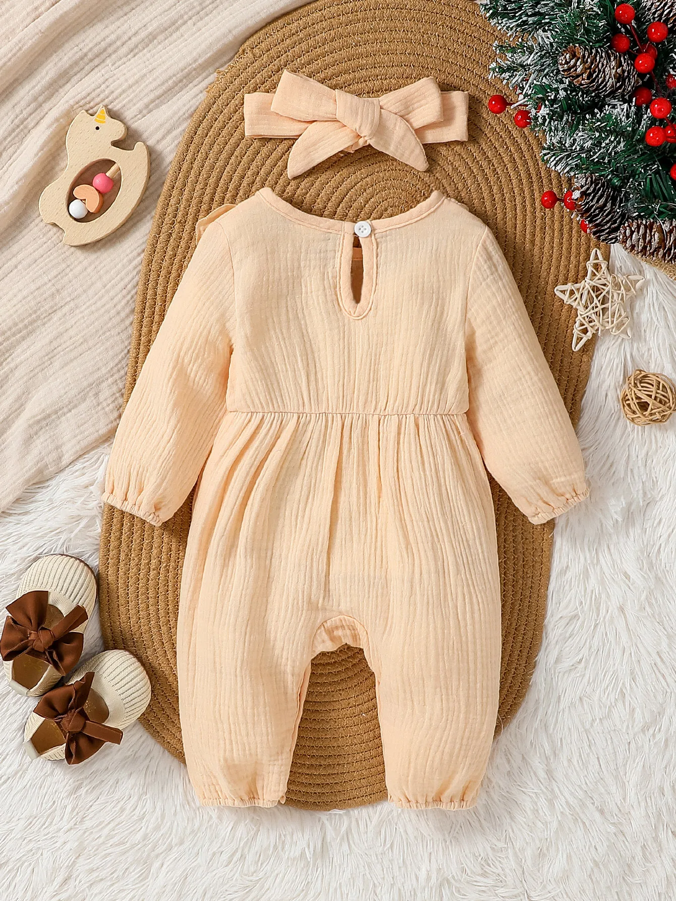 Sweet Baby Girl Casual Jumpsuit Spring/Autumn Cute Ruffle Long Sleeve Round Neck Bow Front Romper Newborn Toddler