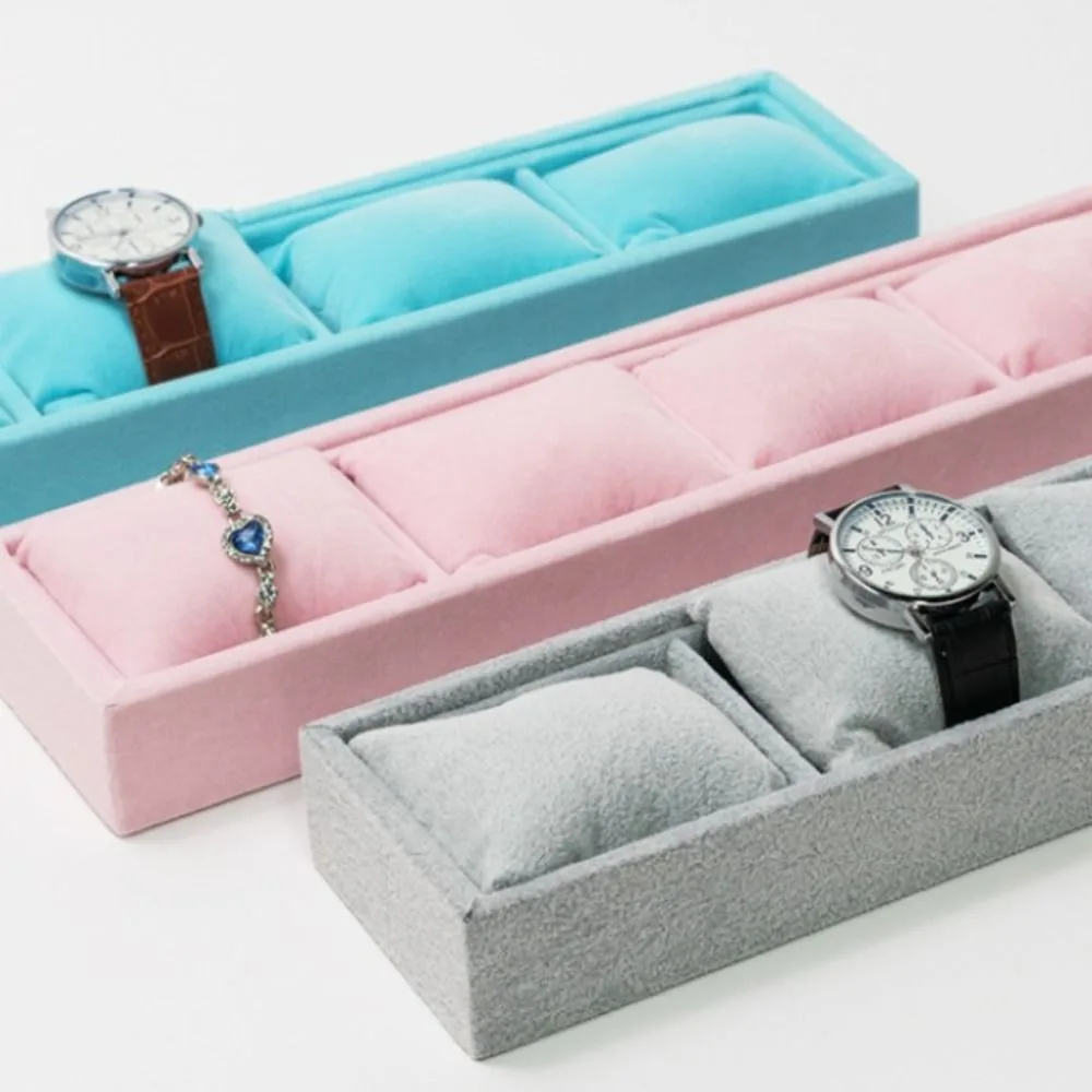 4 Slots Velvet Jewelry Organizer Bracelet Watch Display Solid Color Flannel Storage Tray with Soft Pillow Jewelry Storage Tray