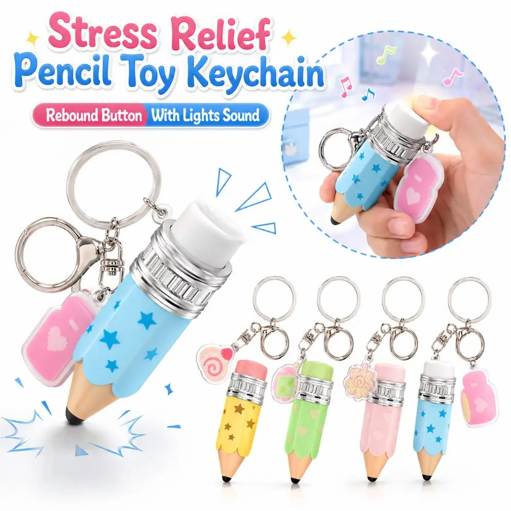 Cartoon Pencil Stress Relief Toy Keychain Lifelike Versatile Pencil Press Button Toy Keychain 4Colors with Lights Sound