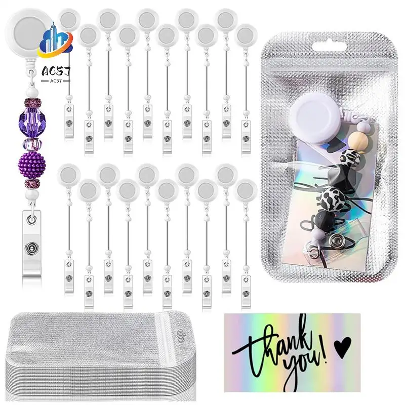 AC57-Retractable Clips Holder For Beads 20 ID Name Beaded Badge Reel 20 Resealable Pouch Bag 20 Thank You Cards