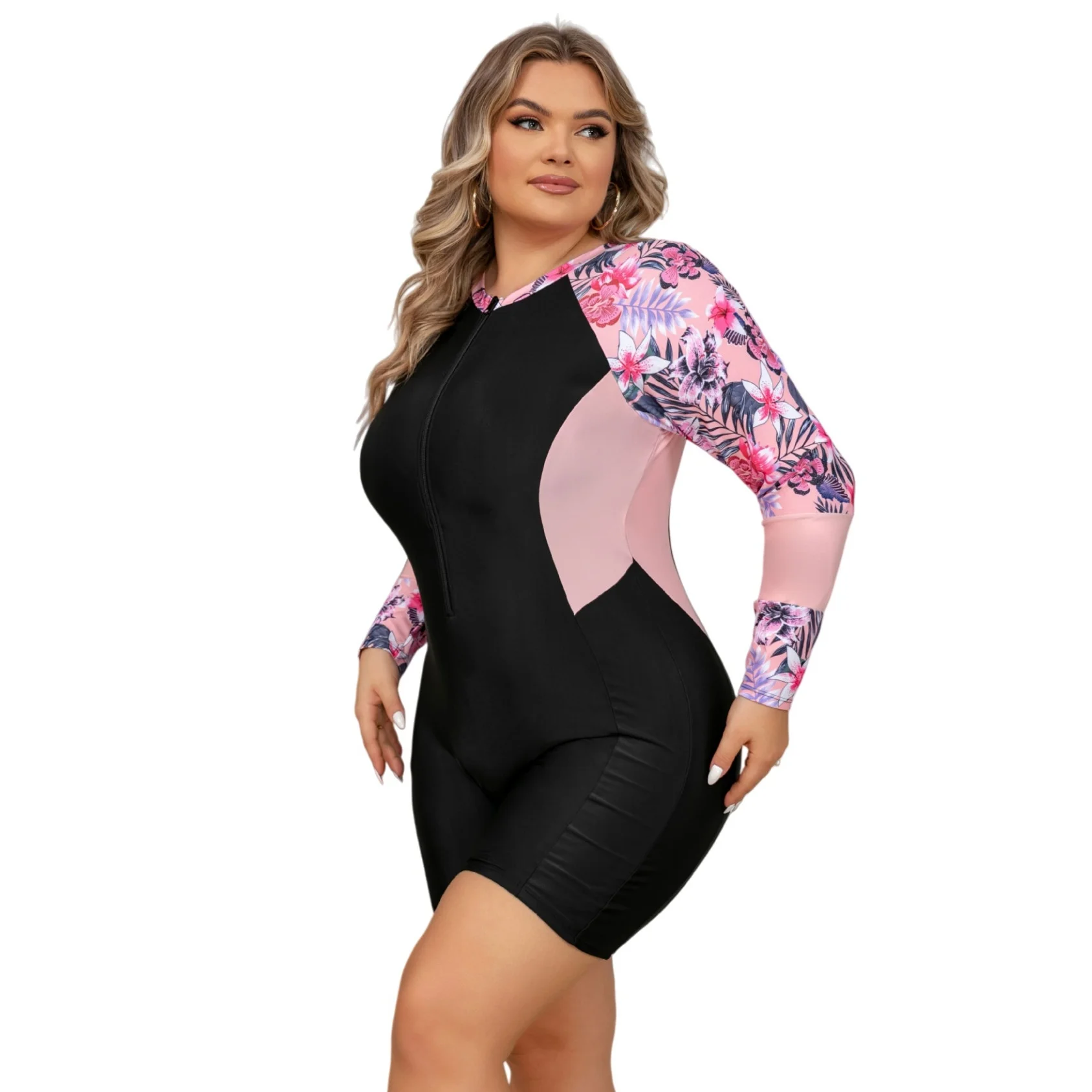 Plus Size Long Sleeve Swimsuit - Women Flower Print One Piece Rash Guard Swimwear Summer Surfing Suit