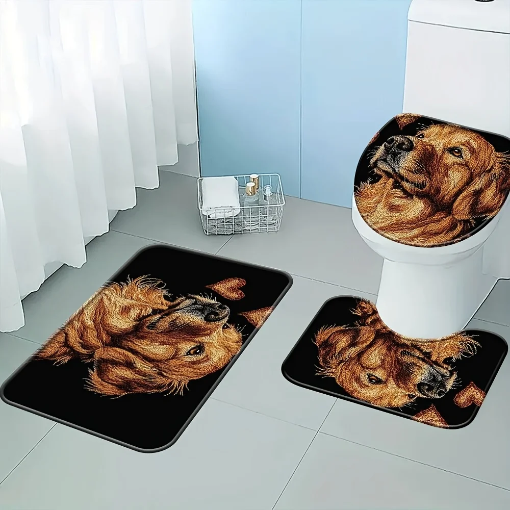 3pcs Golden Retriever Bathroom Set with Toilet Cover, Floor Mat & Door Mat - Soft Flannel Fabric, Golden Retriever Design in Bro