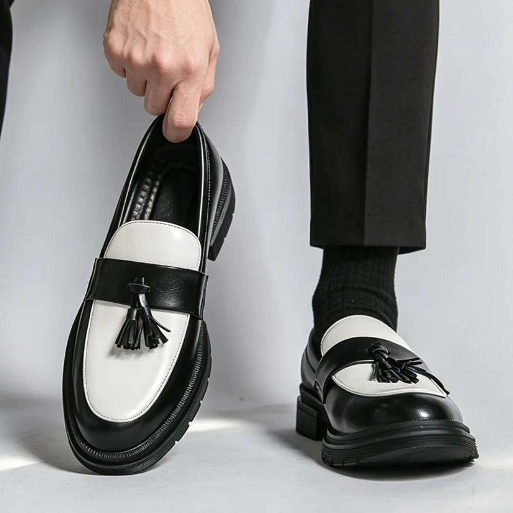 Casual Large Size Leather Shoes Fashionable Business Formal Wedding Lace Trim Men's Slip-On round Toe Low Heel Rubber Sole