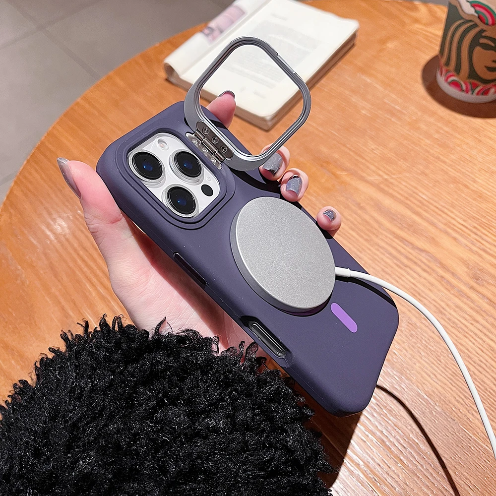 

Luxury Metal Lens Kickstand Phone Cases For iphone 16/15/14/13/12 Pro Max For Magsafe Silicone+Alloy Button+Strong Magnetics