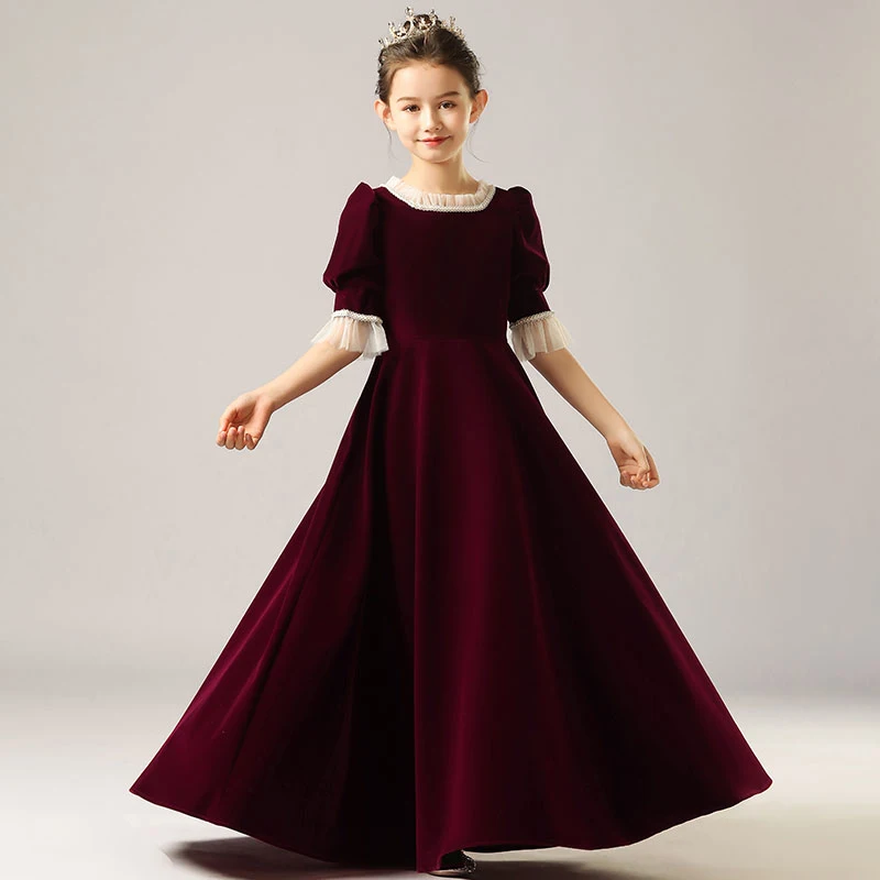 Burgundy Elegant Flower Girl Dress Pageant Formal Evening Dress Princess Bow Birthday Velvet Concert Junior Bridesmaid Gown