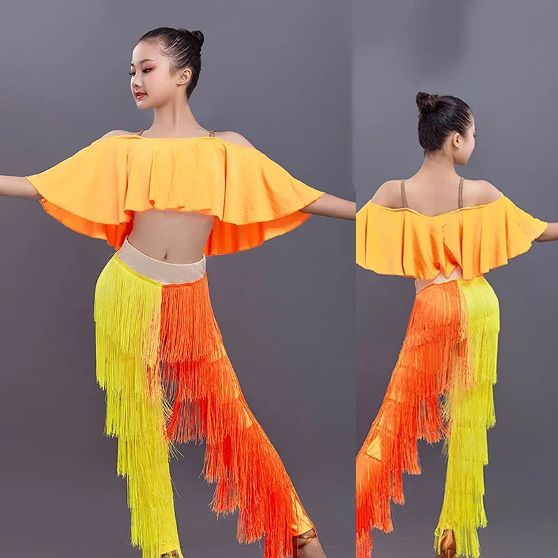 Robe de danse latine à franges pour enfants, haut à volants de salle de Rh, robe à glands à franges, pantalon à franges, costume de salsa et de samba, vêtements de cowboy et de rumba pour filles