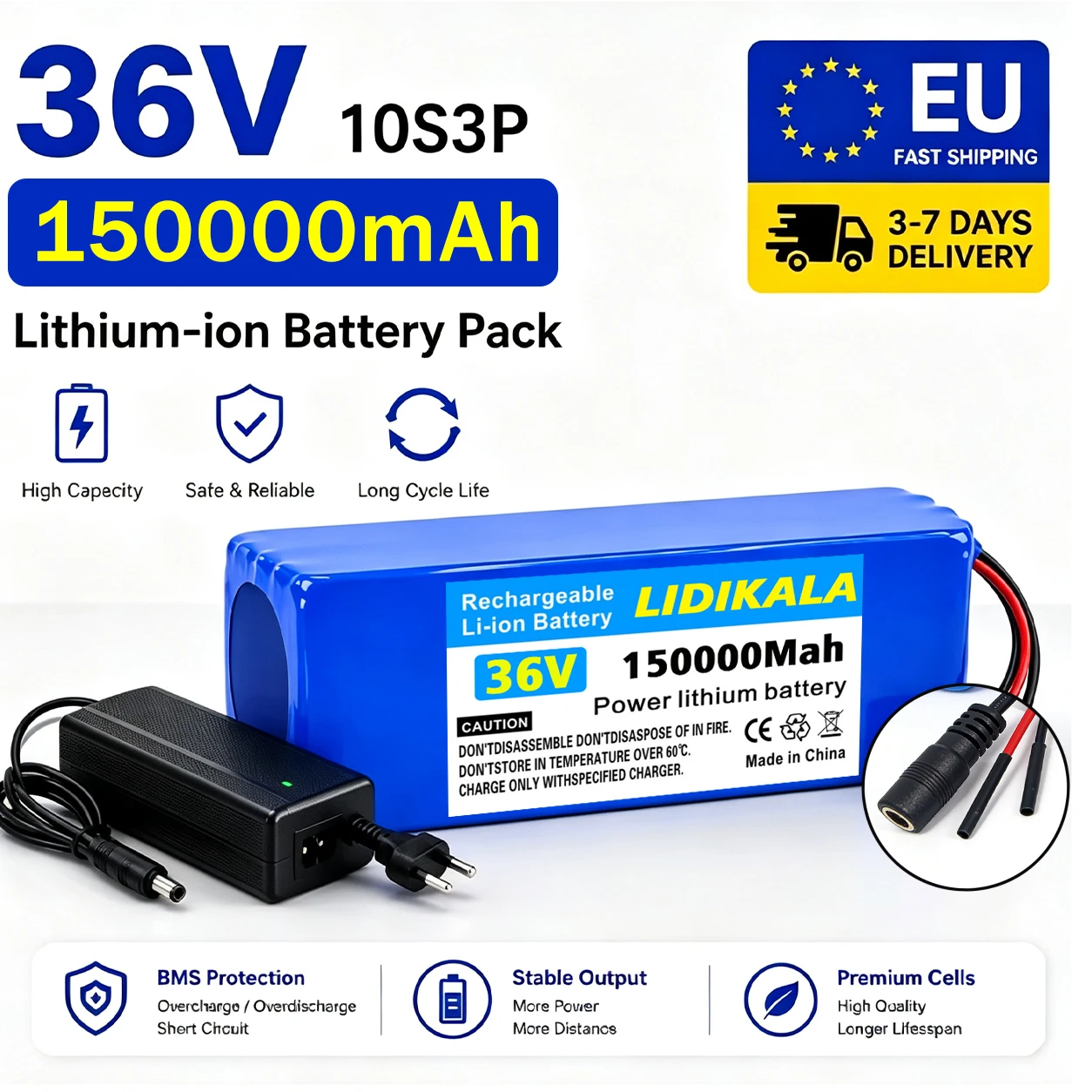 36V 10S3P 150000mAh 18650 Lithium-Akku-Pack, für Elektroroller E-Bike 1000W Motor, intelligenter BMS-Schutz, schneller EU-Versand