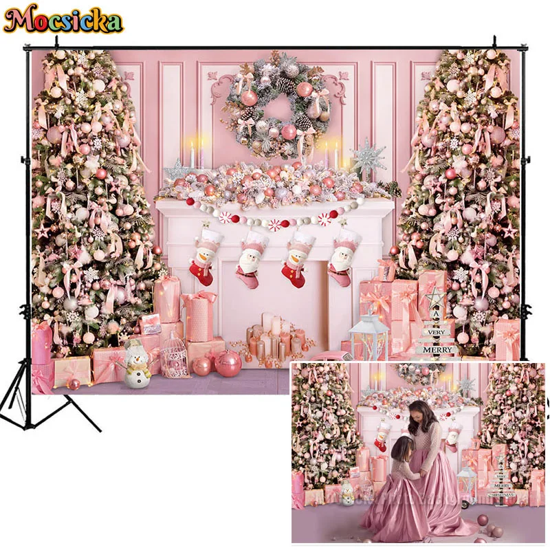 Pink Christmas Photography Backdrops Xmas Tree Fireplace Classic Wall Gift Holiday Party Family Portrait Background Photo Studio