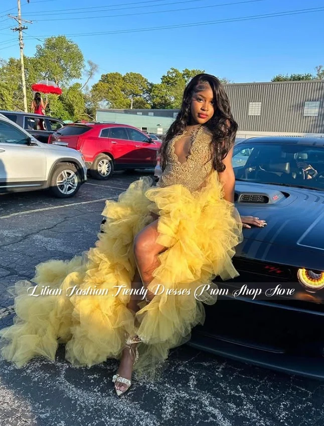 Yellow Glamorous Black Girl Wedding Dress Customized Luxury Sexy Bridal Gown Crystal Appliqué Evening Gown Formal Occasion Dress