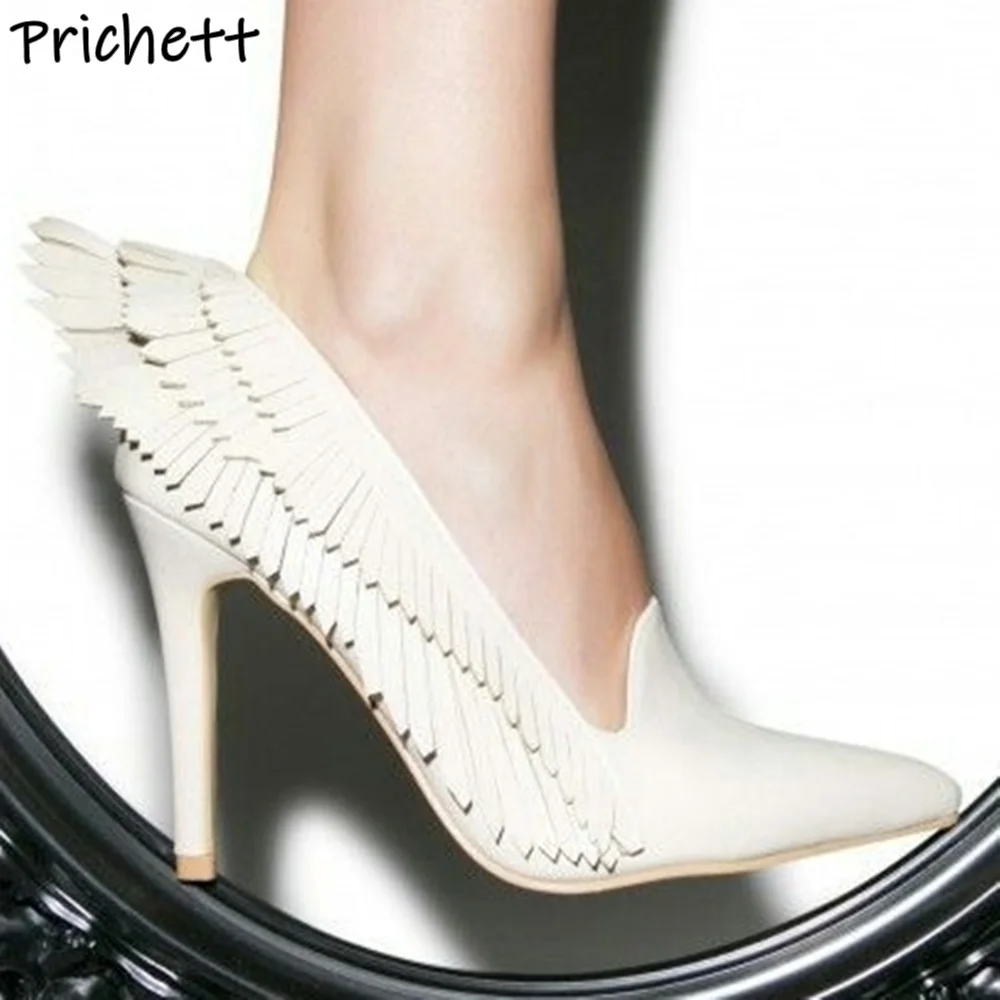 Fringe Wing Solid Pumps Black White Pink Pointy Toe Thin Heels Slip On Leather Shoes Shallow Summer Elegant Stiletto Pumps