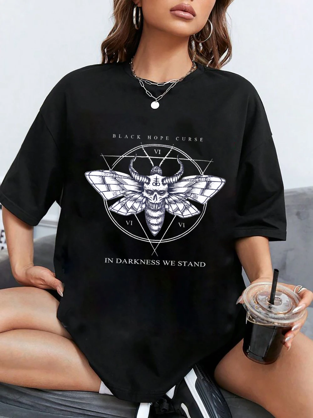 

Black Hope Curse Death Moth Graphic T-Shirt Hip Hop Punk Grunge Gothic Women Men Clothing Oversize Summer Top Short Sleeves