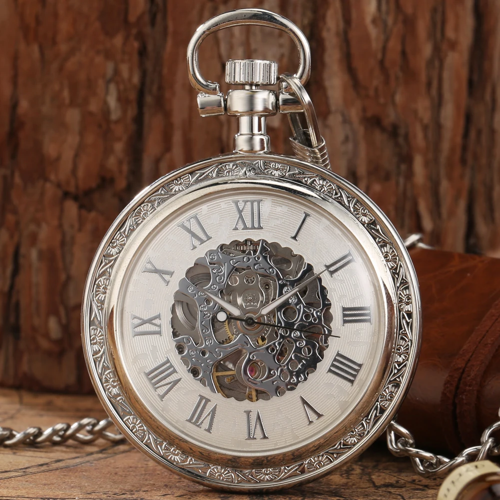 Montre de poche automatique à chiffres romains pour hommes, horloge mécanique à remontage automatique, cadran ouvert, pendentif