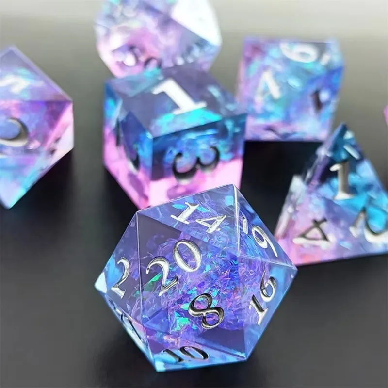 مجموعة نرد راتينج Epoxy RPG DND باللونين الأزرق والأرجواني متعددة السطوح، فضي للاكتئاب