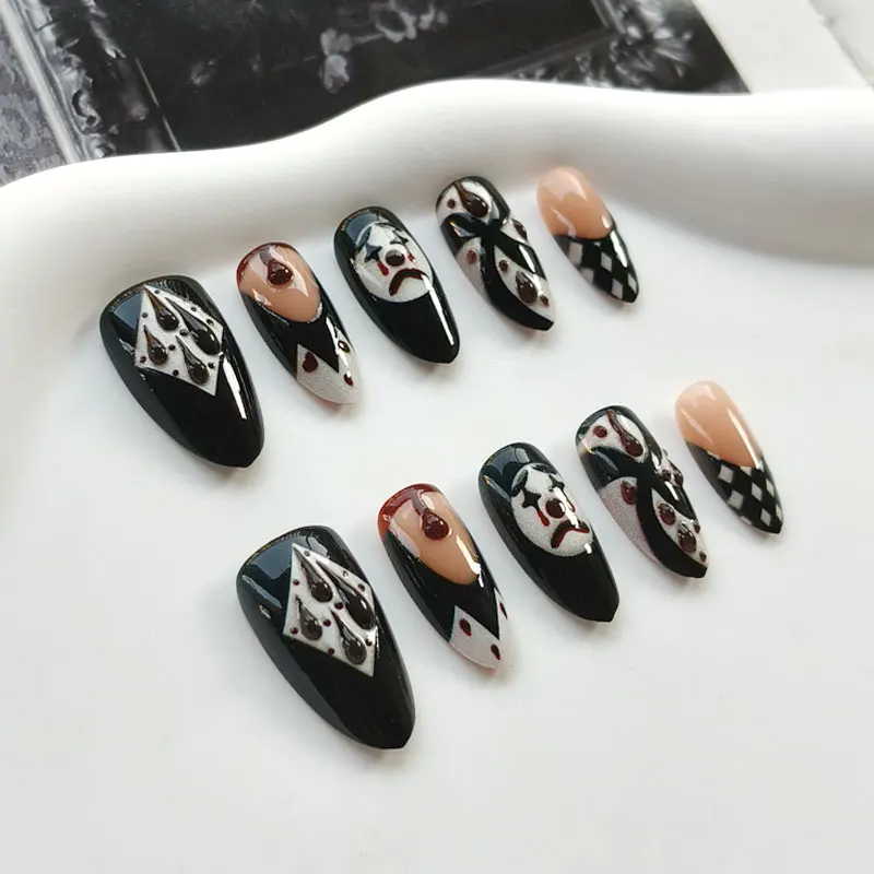 10 Stück niedliche, verspielte Clown-Maske, zum Aufkleben, künstliche Nägel, für Mädchen und Damen, abnehmbare Nagelspitzen, Karneval, süß, cool, Party – Detail 5