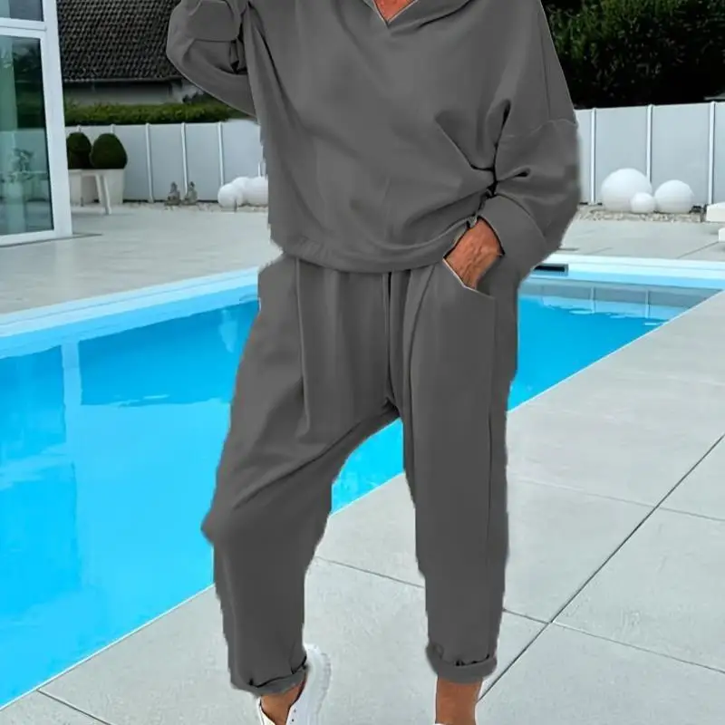 

Pure Color Hooded Sports Set V 31350 Women's Silk Blend Hoodie And Pants Comfortable Warm Outfit for Winter