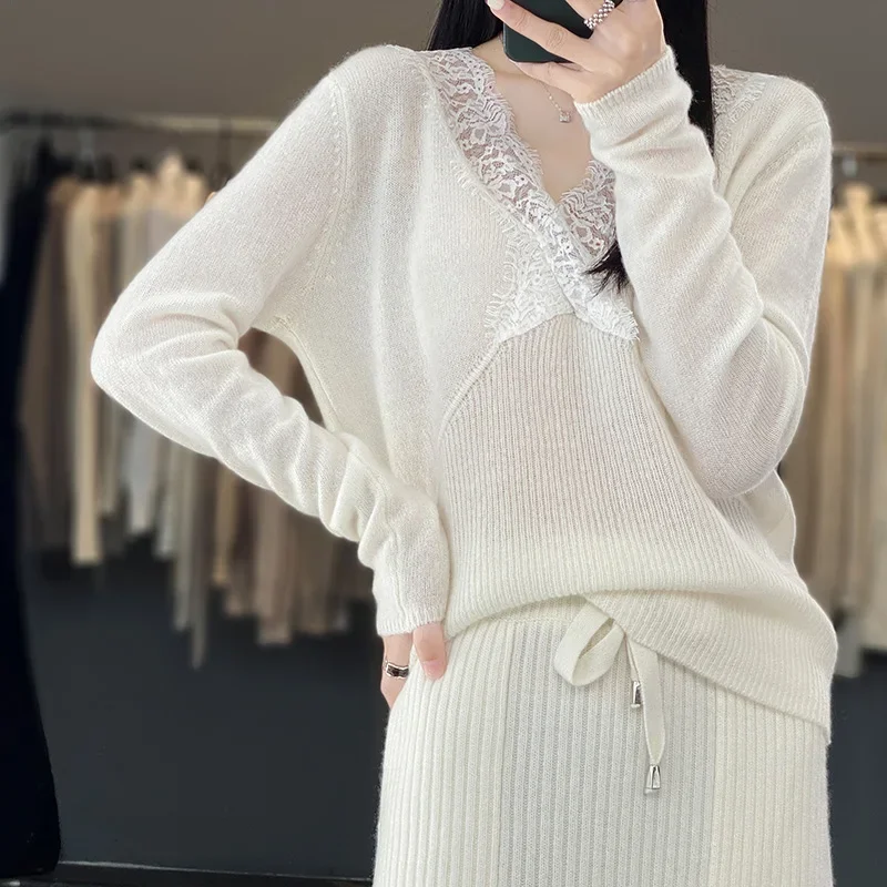 

Spring Autumn Pure Merino Wool Women Warm Sweater V-neck Lace Ruffle Knit Pullover Casual Knit Soft Sweater Bottoming Tops