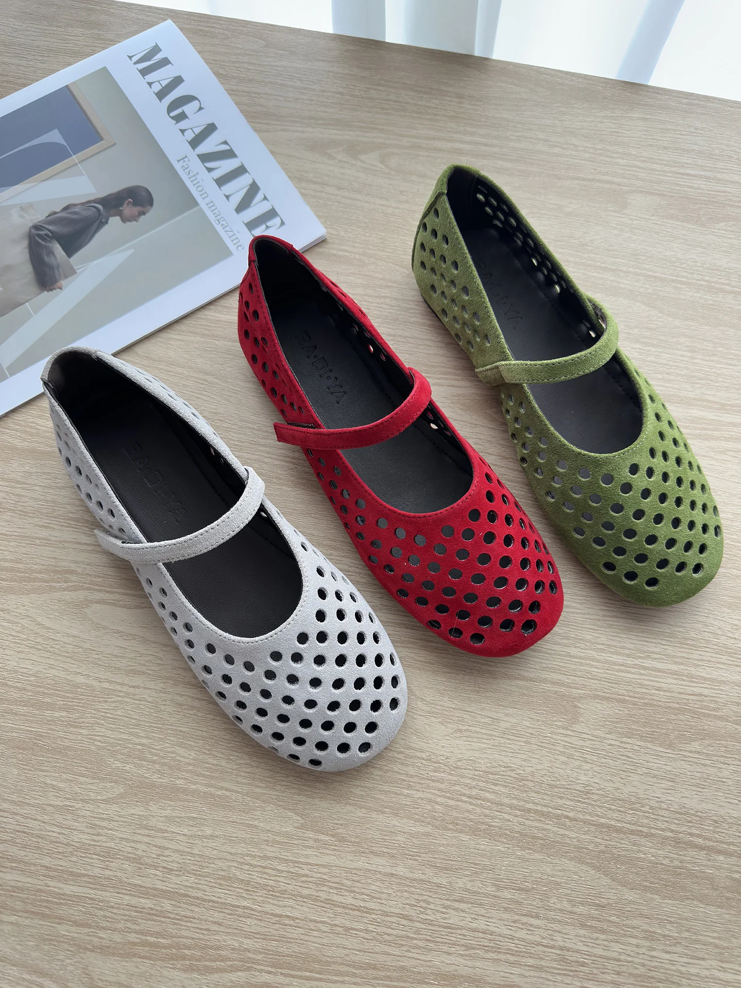 leather-hollow-out-slip-on-mary-jane-shoes-women's-summer-low-heel-soft-bottom-breathable-lightweight-magic-tape-flats