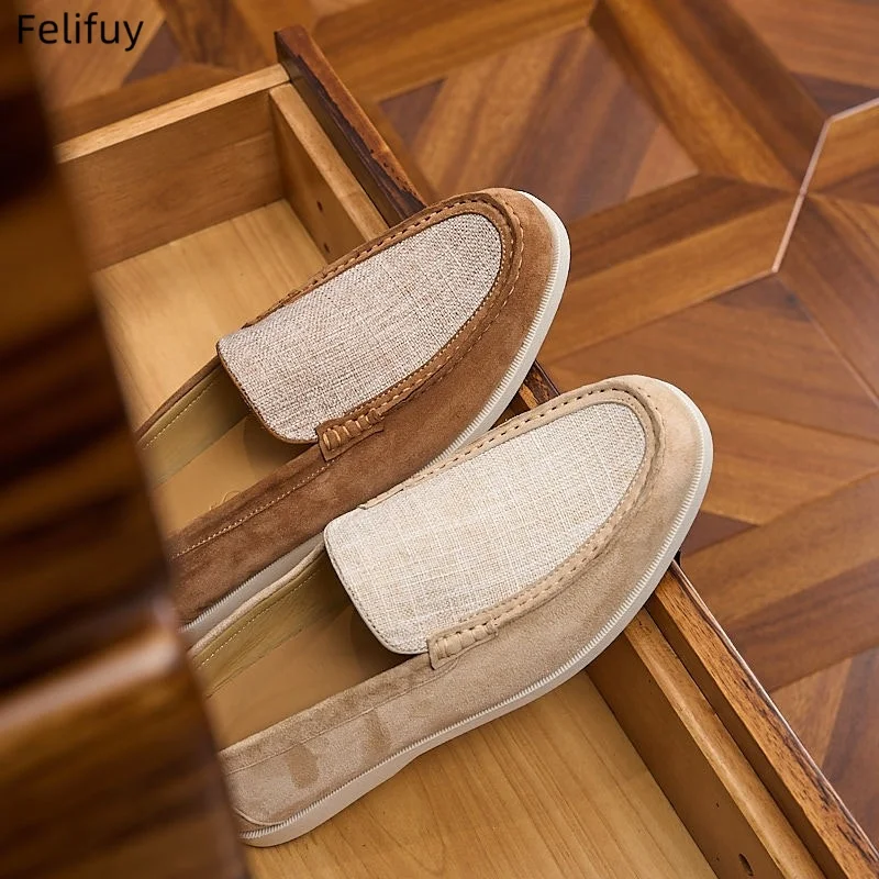 Apricot Linen Vintage Block Loafers Brown Men's Sheepskin Casual Shoes Slip-On Lazy Genuine Leather Spring round Toe Flat Shoes